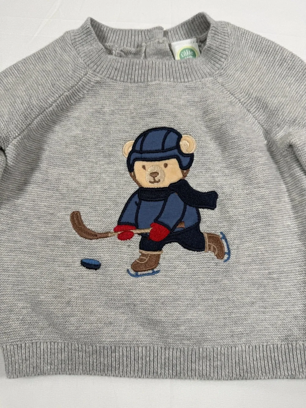 LITTLE ME Hockey Bear Knit Sweater 6M Gray Cotton Baby Pullover Winter Bear